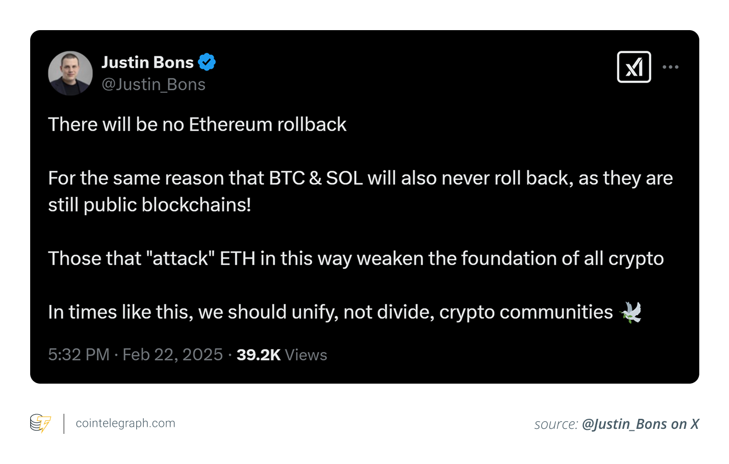 Justin Bons on Ethereum roll back