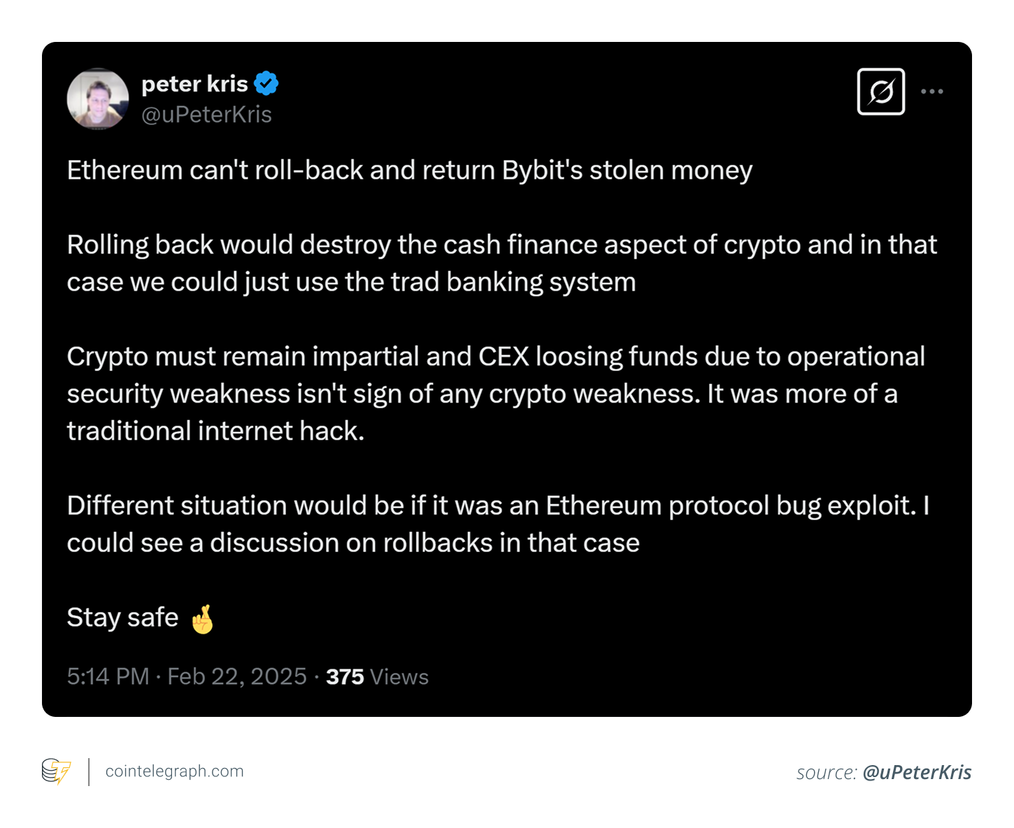 Peter Kris on Ethereum roll back