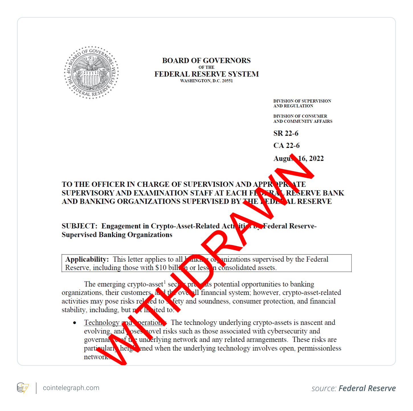 The Federal Reserve Board’s withdrawal giving banks guidance on crypto activities The Federal Reserve Board’s withdrawal giving banks guidance on crypto activities