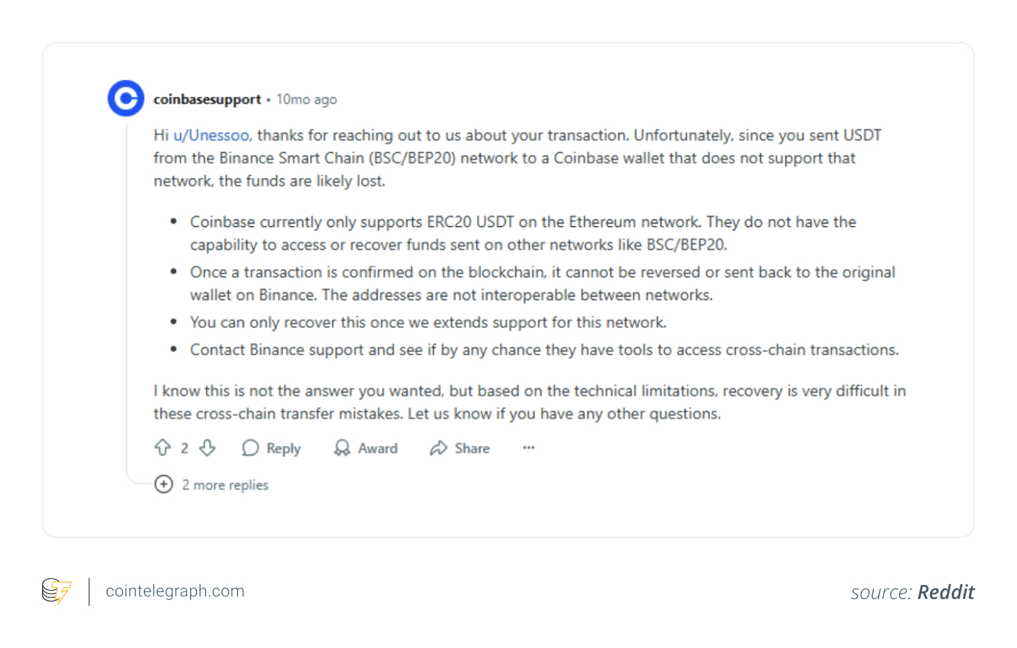 Coinbase customer support's response to wrong crypto transfer