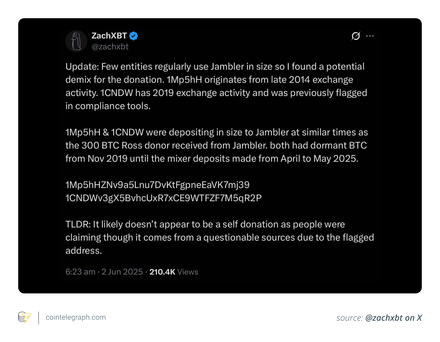 ZachXBT on Ross Ulbricht’s 300 BTC donation ZachXBT on Ross Ulbricht’s 300 BTC donation