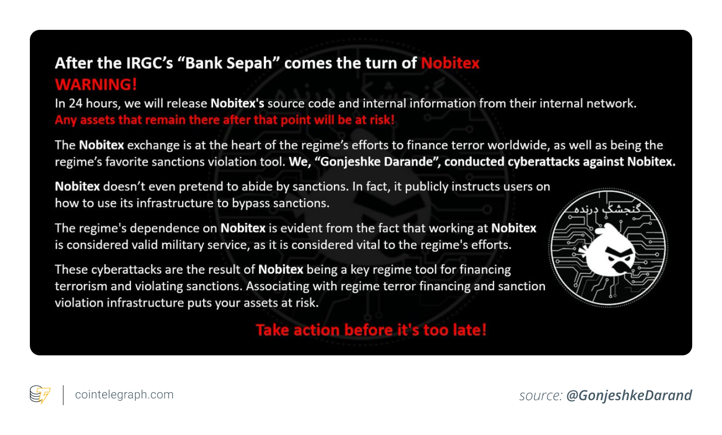 A warning posted by Predatory Sparrow on X A warning posted by Predatory Sparrow on X